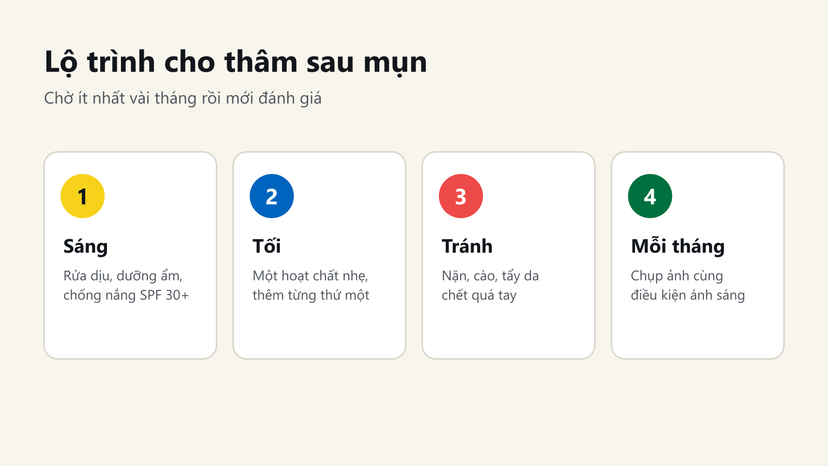 Đồ hoạ lộ trình chăm da cho thâm sau mụn: sáng, tối, điều cần tránh và chụp ảnh theo dõi mỗi tháng