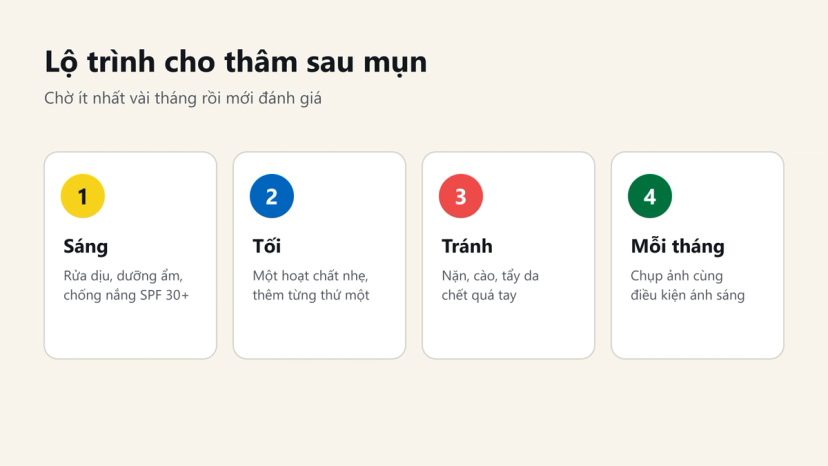 Đồ hoạ lộ trình chăm da cho thâm sau mụn: sáng, tối, điều cần tránh và chụp ảnh theo dõi mỗi tháng