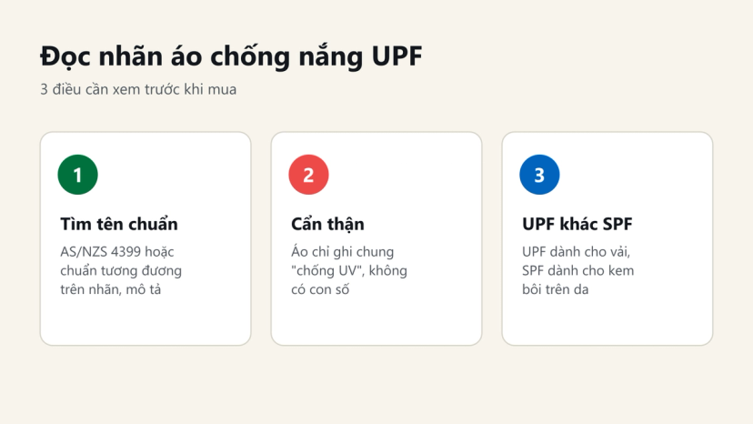 Đồ hoạ 3 điều cần xem trên nhãn áo chống nắng UPF: tên chuẩn thử nghiệm, con số rõ ràng, UPF khác SPF
