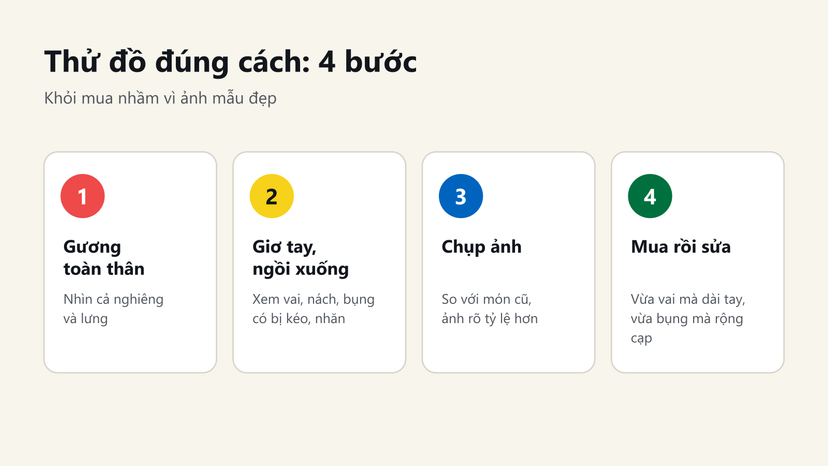 Đồ hoạ 4 bước thử đồ: gương toàn thân, giơ tay ngồi xuống, chụp ảnh, mua rồi sửa