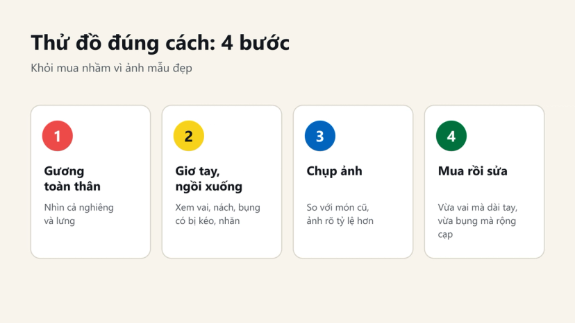 Đồ hoạ 4 bước thử đồ: gương toàn thân, giơ tay ngồi xuống, chụp ảnh, mua rồi sửa