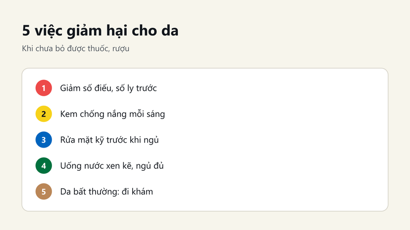 Đồ hoạ 5 việc giảm hại cho da khi chưa bỏ được thuốc lá, rượu bia