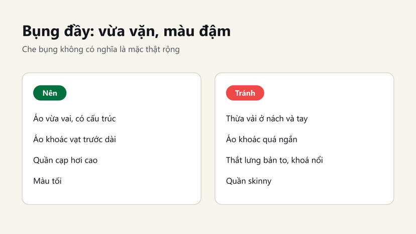 Đồ hoạ: bụng đầy nên chọn áo vừa vai, quần cạp hơi cao, màu tối; tránh áo khoác quá ngắn, quần skinny