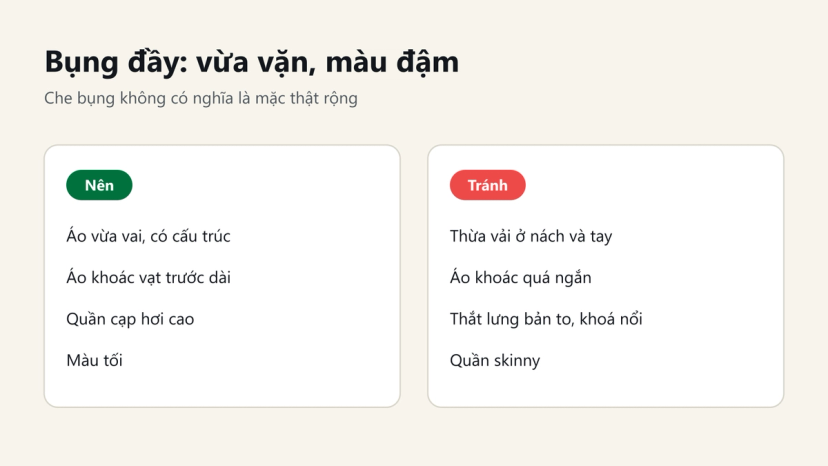 Đồ hoạ: bụng đầy nên chọn áo vừa vai, quần cạp hơi cao, màu tối; tránh áo khoác quá ngắn, quần skinny