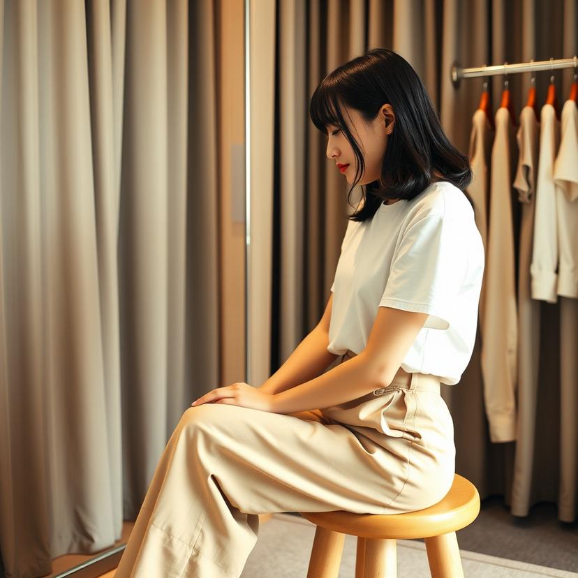 Cô gái ngồi xuống trong phòng thử đồ để kiểm tra form quần ống rộng