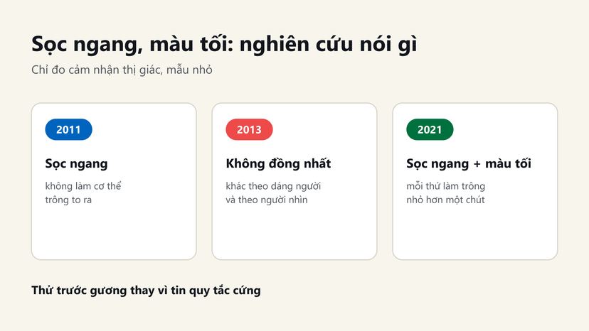 Đồ hoạ tóm tắt 3 nghiên cứu 2011, 2013, 2021 về sọc ngang và màu tối trên quần áo