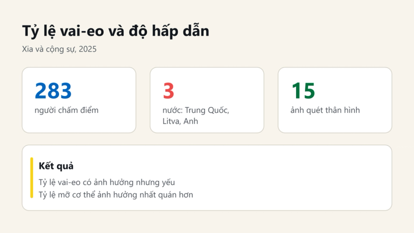 Đồ hoạ tóm tắt nghiên cứu Xia 2025 về tỷ lệ vai-eo và độ hấp dẫn ở nam: 283 người, 3 nước, 15 ảnh