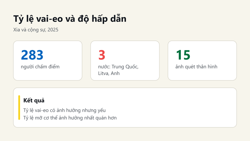 Đồ hoạ tóm tắt nghiên cứu Xia 2025 về tỷ lệ vai-eo và độ hấp dẫn ở nam: 283 người, 3 nước, 15 ảnh