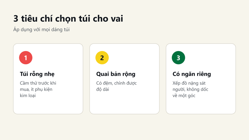 Đồ hoạ 3 tiêu chí chọn túi cho vai: túi rỗng nhẹ, quai bản rộng, có ngăn riêng