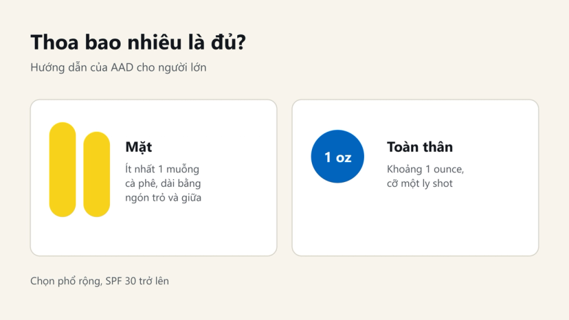 Đồ hoạ lượng kem chống nắng cần thoa: mặt dài bằng hai ngón tay, toàn thân khoảng 1 ounce