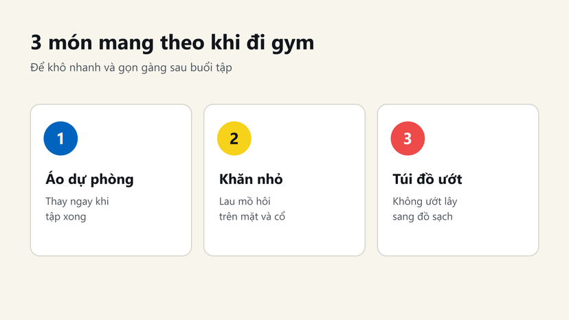 3 món mang theo khi đi gym: áo dự phòng, khăn nhỏ, túi đựng đồ ướt