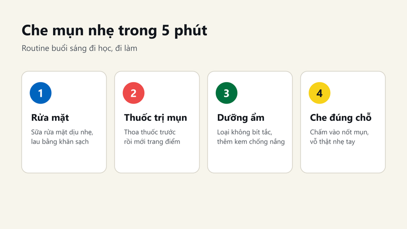 Đồ hoạ routine 5 phút che mụn nhẹ: rửa mặt, thoa thuốc trị mụn, dưỡng ẩm và chống nắng, chấm kem che đúng chỗ