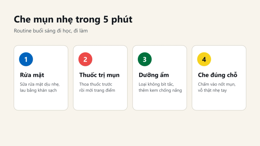 Đồ hoạ routine 5 phút che mụn nhẹ: rửa mặt, thoa thuốc trị mụn, dưỡng ẩm và chống nắng, chấm kem che đúng chỗ