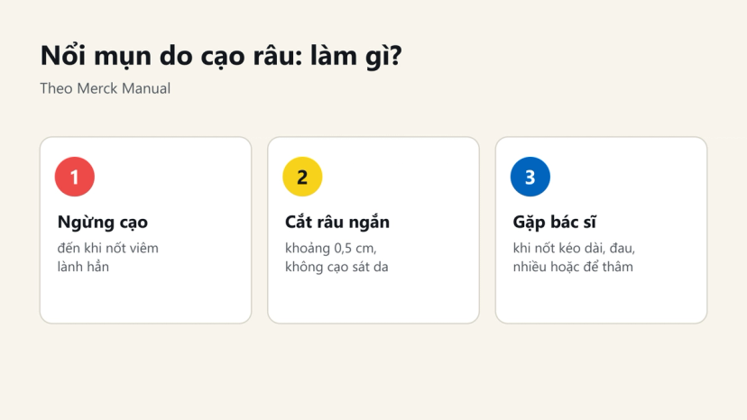 Đồ hoạ 3 việc nên làm khi nổi mụn do cạo râu: ngừng cạo, cắt râu ngắn, gặp bác sĩ