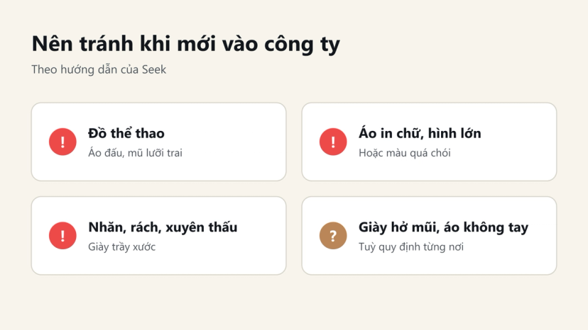 Đồ hoạ những món nên tránh khi mặc business casual: đồ thể thao, áo in chữ lớn, đồ nhăn rách, giày hở mũi