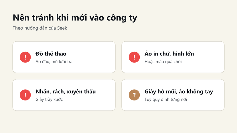 Đồ hoạ những món nên tránh khi mặc business casual: đồ thể thao, áo in chữ lớn, đồ nhăn rách, giày hở mũi