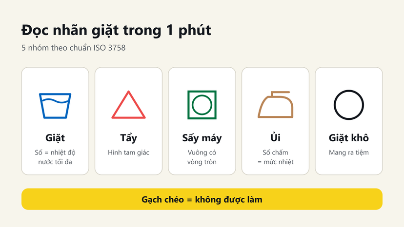 Đồ hoạ 5 nhóm ký hiệu giặt trên nhãn theo ISO 3758: giặt, tẩy, sấy máy, ủi, giặt khô