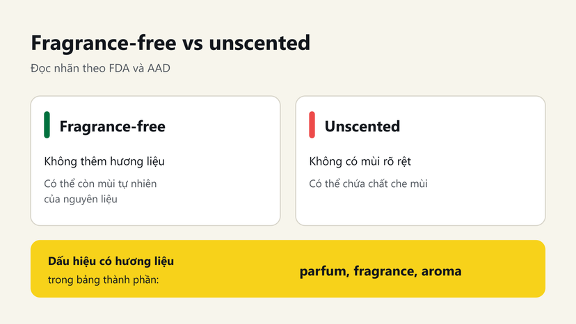 Đồ hoạ so sánh fragrance-free và unscented, kèm các từ báo hiệu có hương liệu