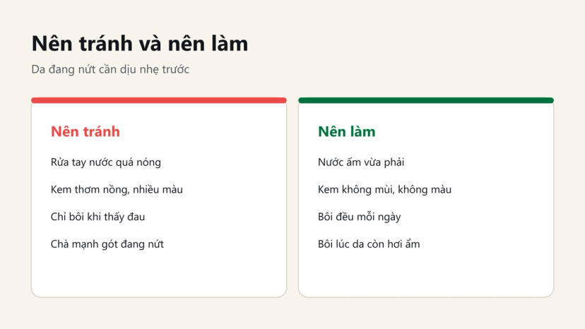 Đồ hoạ so sánh việc nên tránh và nên làm khi chăm da tay, da chân khô