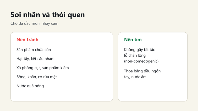 Đồ hoạ những thứ nên tránh và nên tìm khi chọn sữa rửa mặt cho da dầu mụn, da nhạy cảm