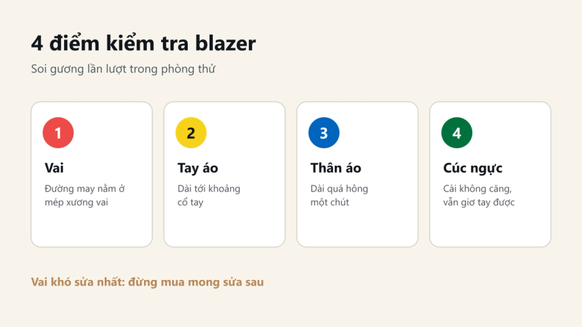 Đồ hoạ 4 điểm kiểm tra blazer: vai, tay áo, thân áo, cúc ngực