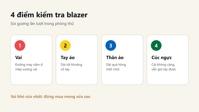 Đồ hoạ 4 điểm kiểm tra blazer: vai, tay áo, thân áo, cúc ngực