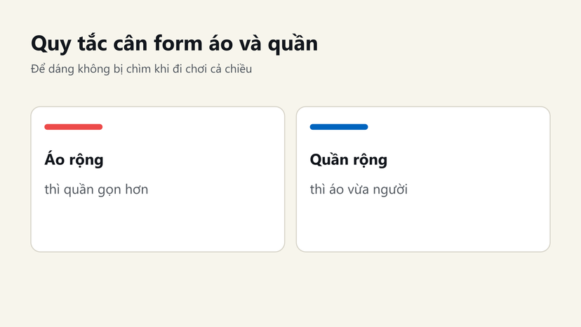 Đồ hoạ quy tắc phối form: áo rộng thì quần gọn, quần rộng thì áo vừa người