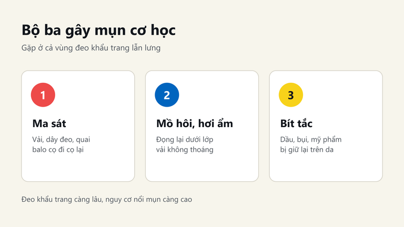 Đồ hoạ ba nguyên nhân gây mụn cơ học: ma sát, mồ hôi và hơi ẩm, bít tắc