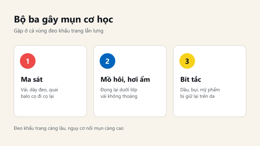 Đồ hoạ ba nguyên nhân gây mụn cơ học: ma sát, mồ hôi và hơi ẩm, bít tắc