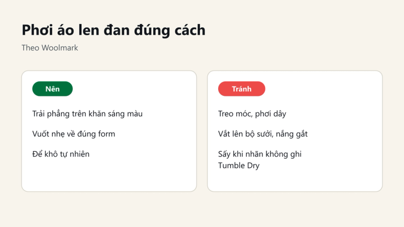 Đồ hoạ nên và tránh khi phơi áo len: trải phẳng trên khăn, không treo móc, không sấy khi nhãn không cho phép
