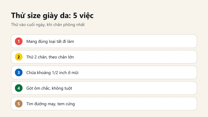 5 việc khi thử size giày da: tất đi làm, thử 2 chân, chừa 1/2 inch, gót ôm chắc, kiểm tra đường may