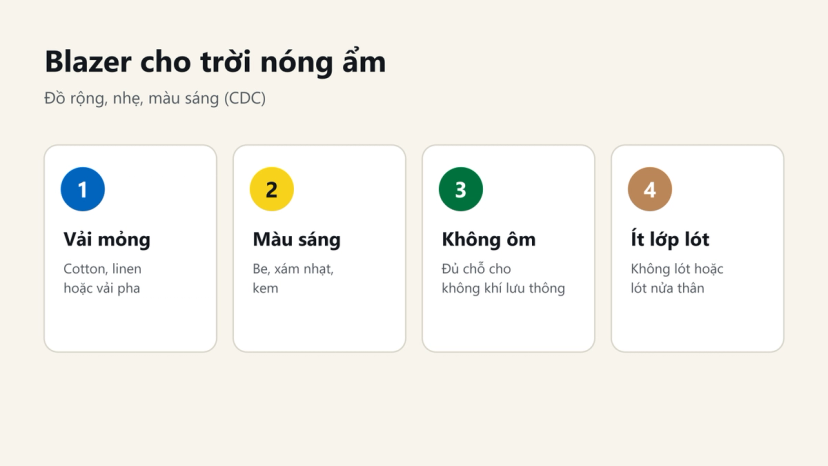 Đồ hoạ 4 tiêu chí chọn blazer cho trời nóng ẩm: vải mỏng, màu sáng, không ôm, ít lớp lót