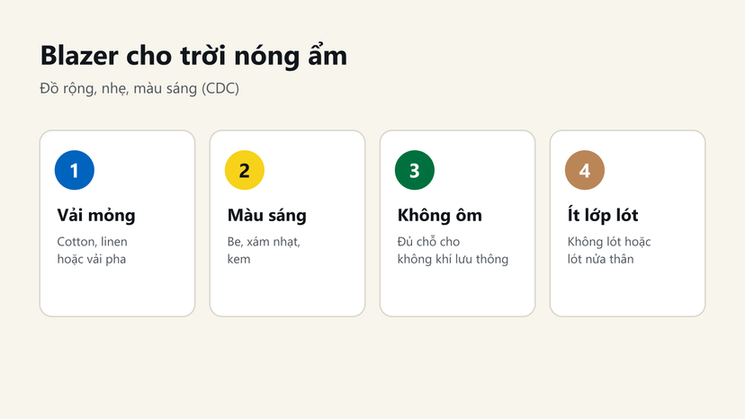 Đồ hoạ 4 tiêu chí chọn blazer cho trời nóng ẩm: vải mỏng, màu sáng, không ôm, ít lớp lót