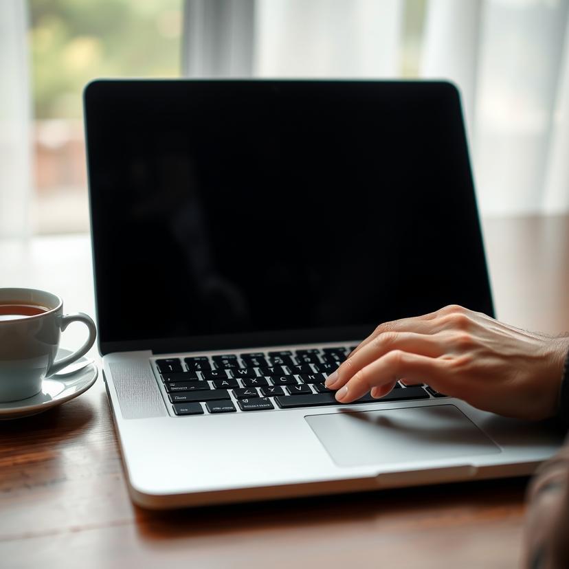 Tay gõ phím laptop trên bàn gỗ cạnh tách trà