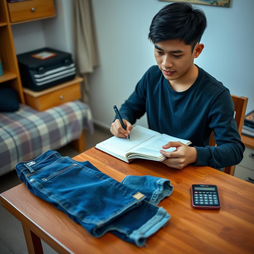 Nam sinh viên ghi danh sách mua sắm bên cạnh chiếc quần jean và máy tính bỏ túi