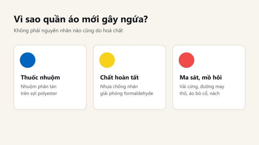 Đồ hoạ 3 nguyên nhân quần áo mới gây ngứa: thuốc nhuộm, chất hoàn tất, ma sát và mồ hôi
