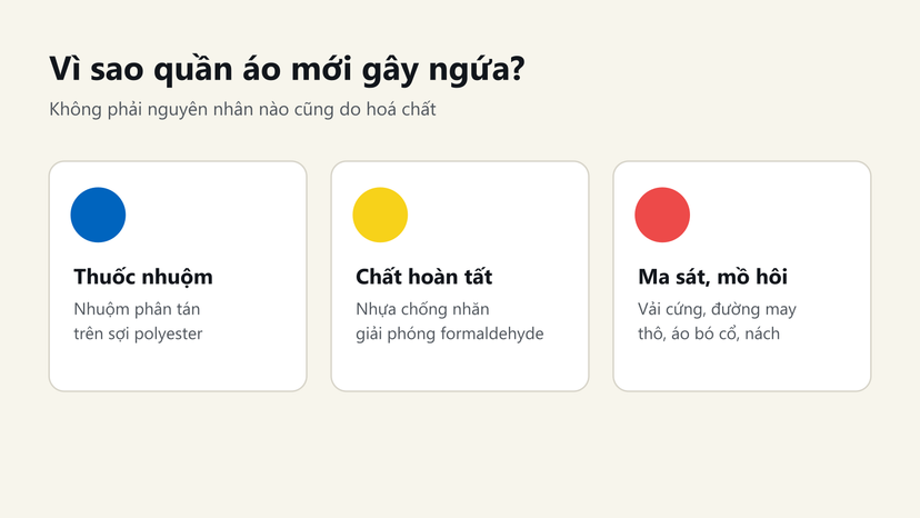 Đồ hoạ 3 nguyên nhân quần áo mới gây ngứa: thuốc nhuộm, chất hoàn tất, ma sát và mồ hôi