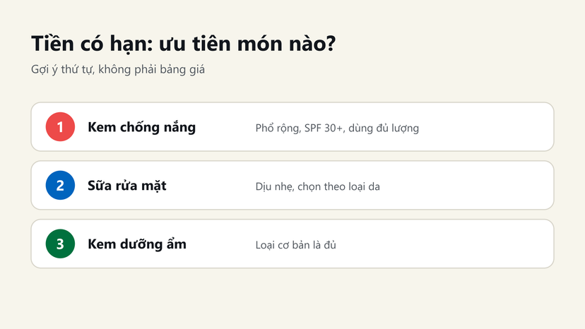 Đồ hoạ thứ tự ưu tiên khi tiền có hạn: kem chống nắng, sữa rửa mặt, kem dưỡng ẩm