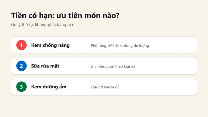 Đồ hoạ thứ tự ưu tiên khi tiền có hạn: kem chống nắng, sữa rửa mặt, kem dưỡng ẩm