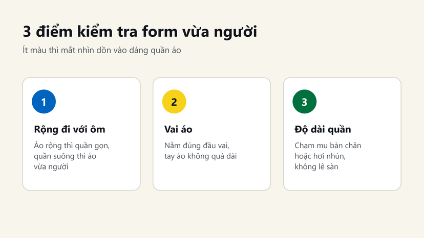 Đồ hoạ: 3 điểm kiểm tra form vừa người gồm phối rộng với ôm, vai áo và độ dài quần