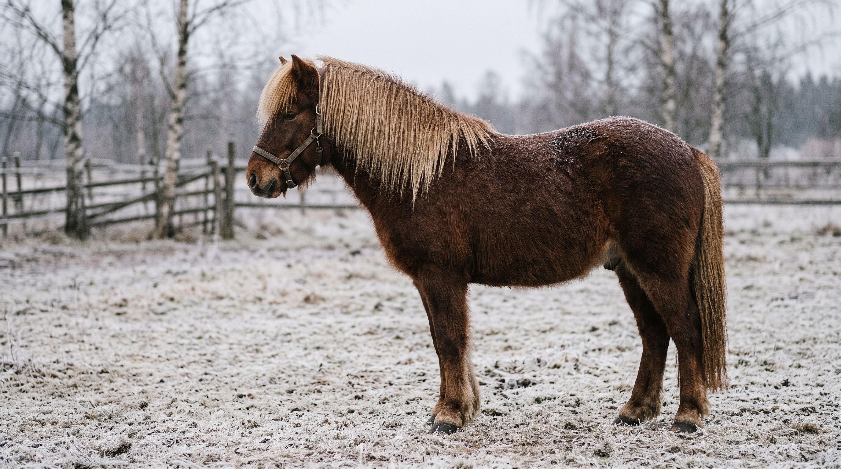 Ungeschorener Isländer, ein Dunkelfuchs mit heller Mähne, steht im dichten Winterfell auf einer Weide mit Raureif