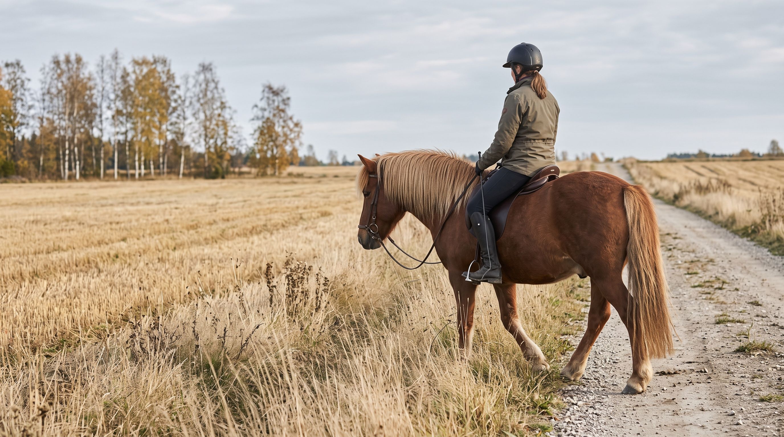 Reiterin mit Helm auf einem fuchsfarbenen Isländer mit heller Mähne im ruhigen Schritt am langen Zügel auf einem herbstlichen Feldweg