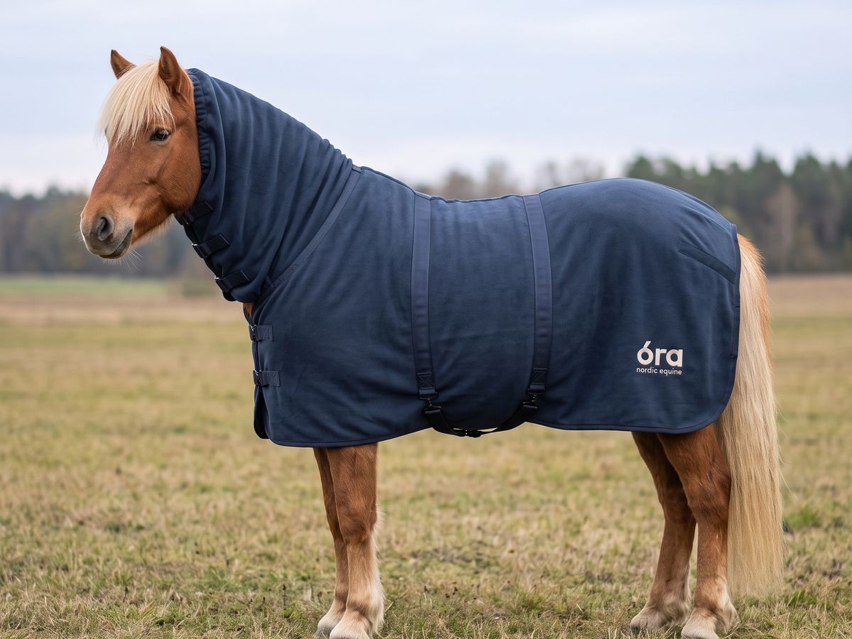 Óra Midnight Fleece-Abschwitzdecke mit Halsteil in Navyblau an einem hellen Isländer-Fuchs auf der Herbstweide, mit óra-Logo auf der Hinterhand