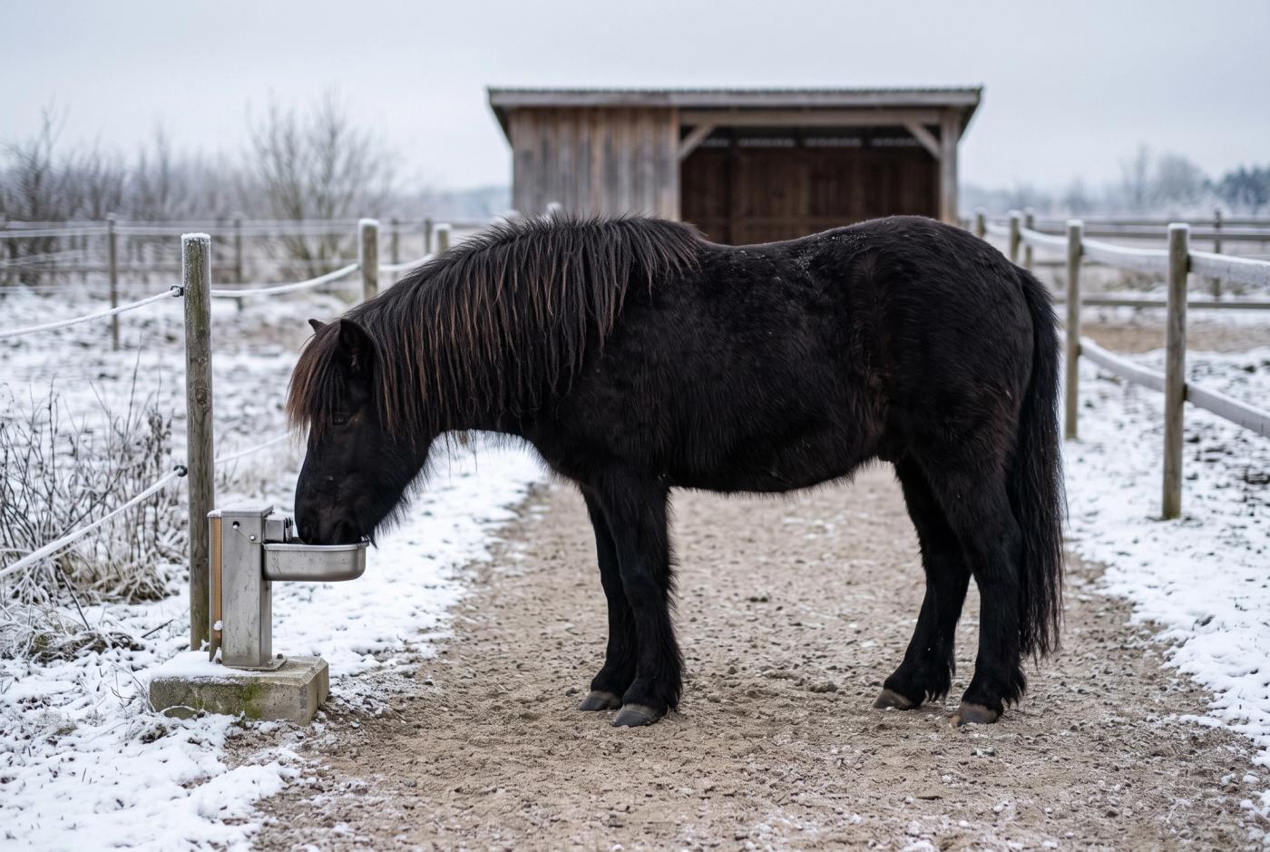 Rappe trinkt im verschneiten Offenstall-Auslauf aus einer frostfreien Edelstahltränke und steht auf einem befestigten, trockenen Kiesweg