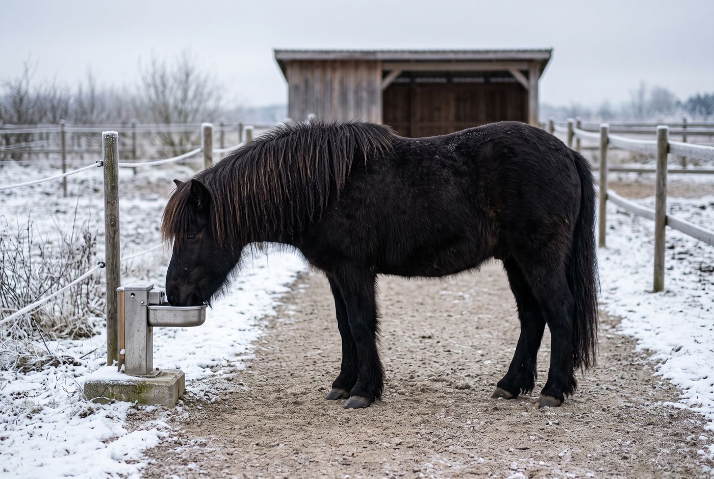 Rappe trinkt im verschneiten Offenstall-Auslauf aus einer frostfreien Edelstahltränke und steht auf einem befestigten, trockenen Kiesweg