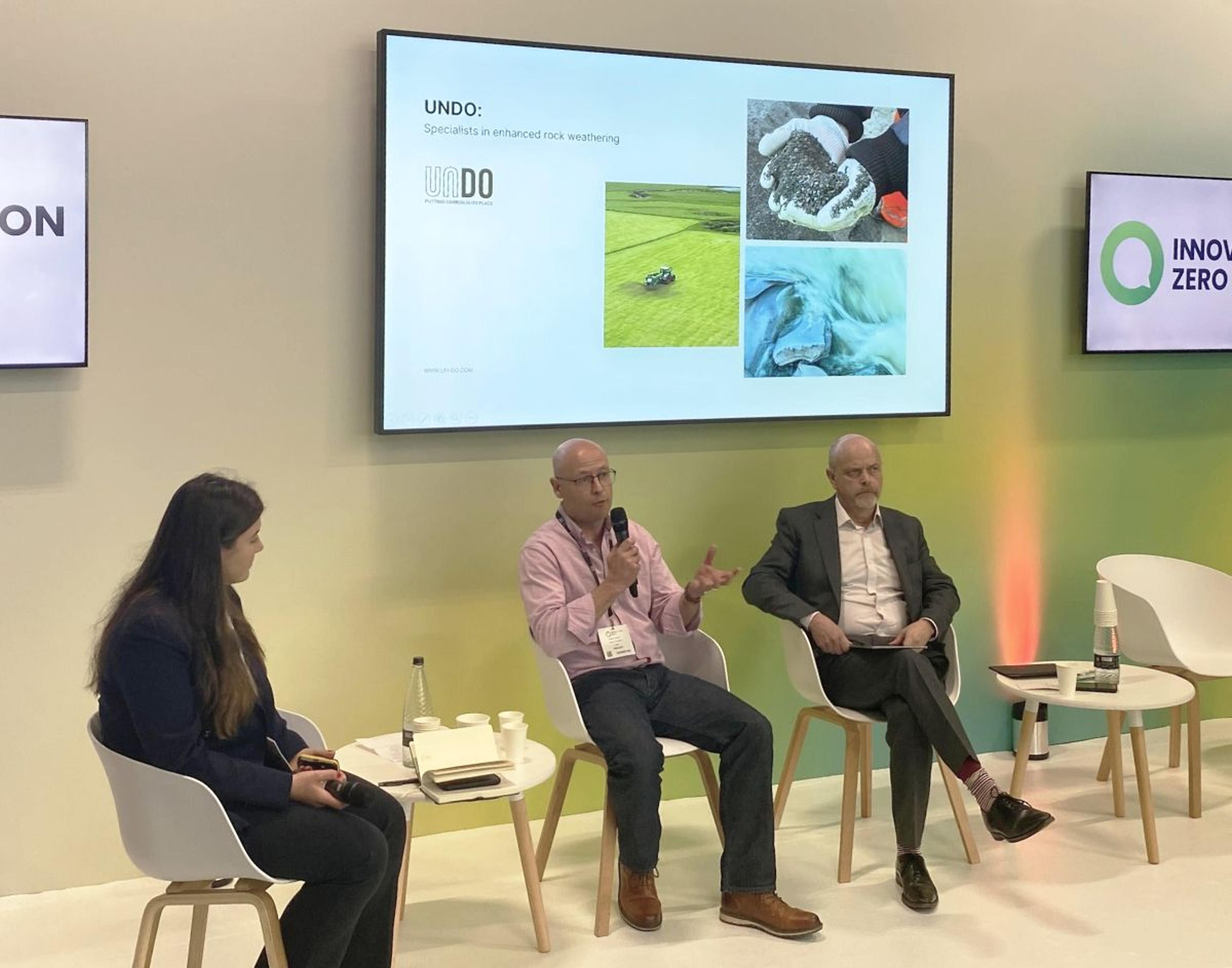 Abatable Co-Founder Maria Eugenia Filmanovic speaks with UNDO's Head of Carbon Simon Manley and 1PointFive's President and General Manager Steve Kelley at Innovation Zero