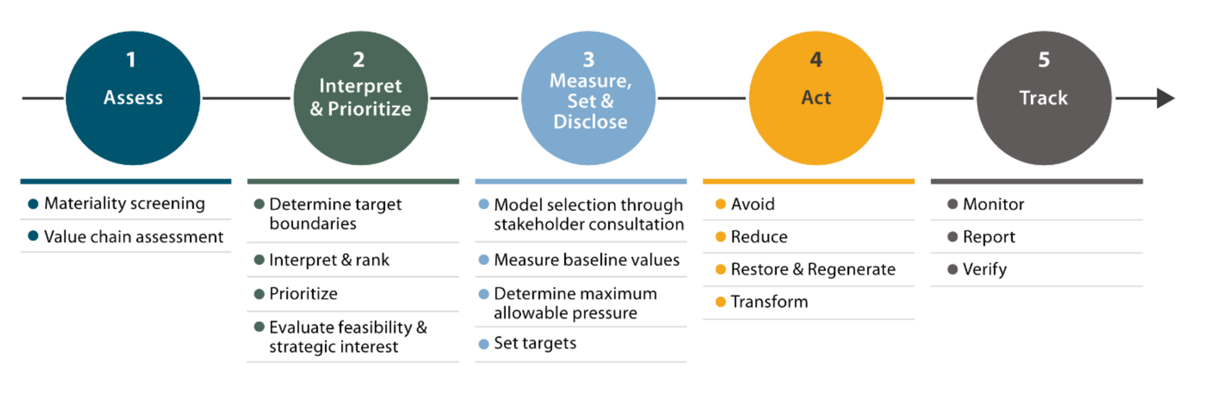 The SBTN framework – assess, interpret and prioritise, measure, set and disclose, act, and track