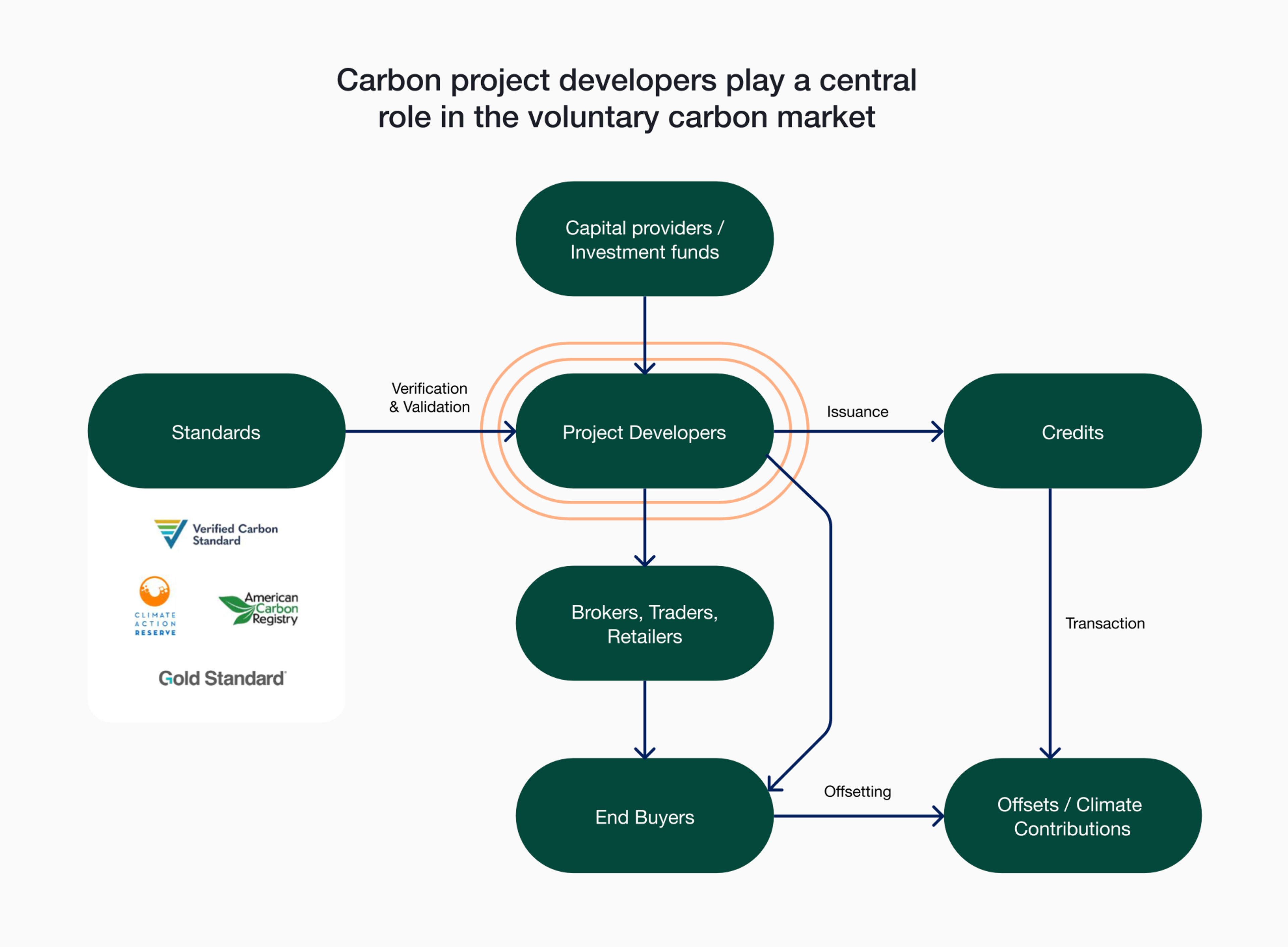 Diagram of the place of carbon project developers in the carbon offsetting ecosystem