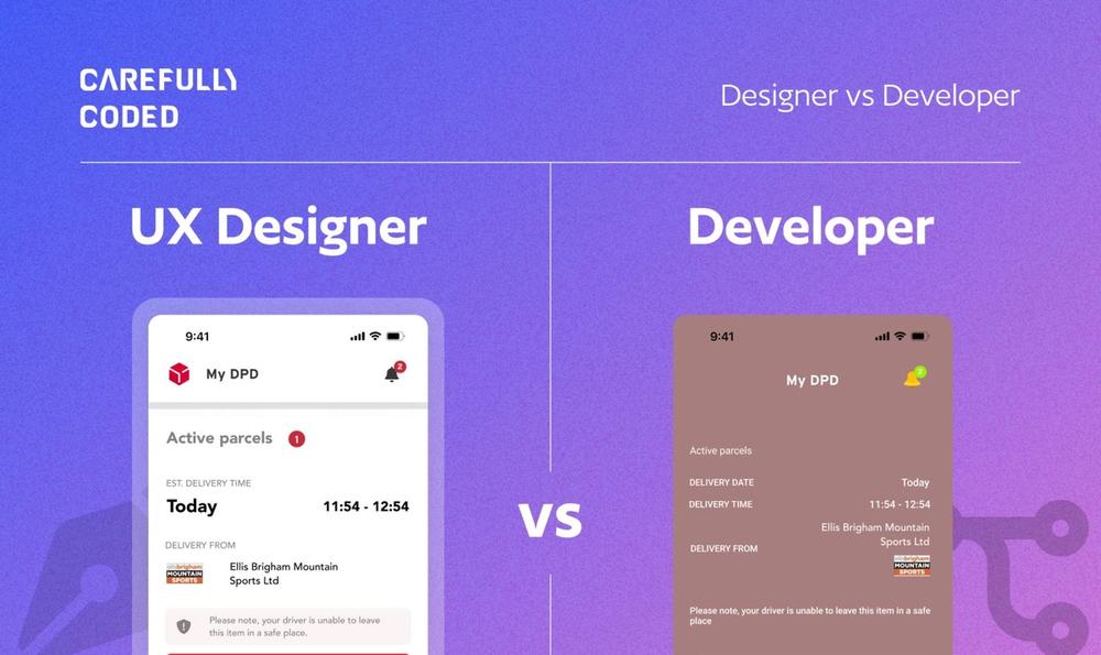 A pretty mobile app prototype on the left built by a UX designer and a bad looking app on the right made only by a developer