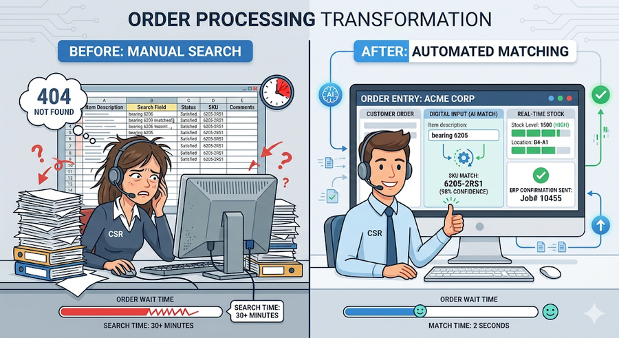 Before and after comparison of manual versus automated MRO order processing showing speed and accuracy improvements